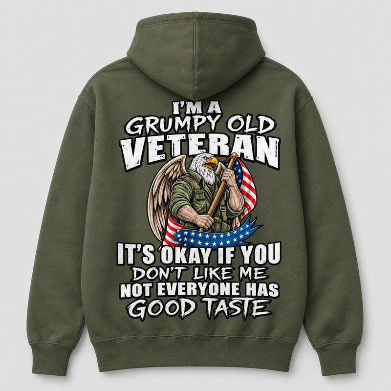 I'm a Grumpy Old Veteran military green hoodie back print