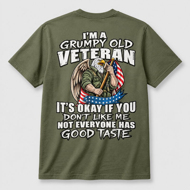 I'm a Grumpy Old Veteran military green T-shirt back print