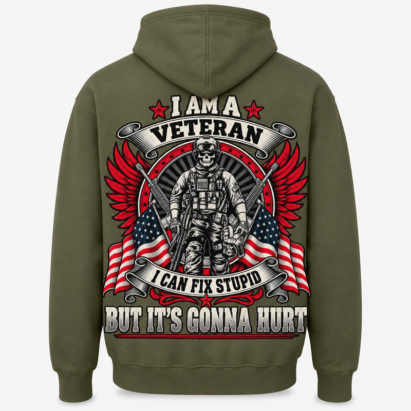 I Am a Veteran I Can Fix Stupid military green hoodie back print