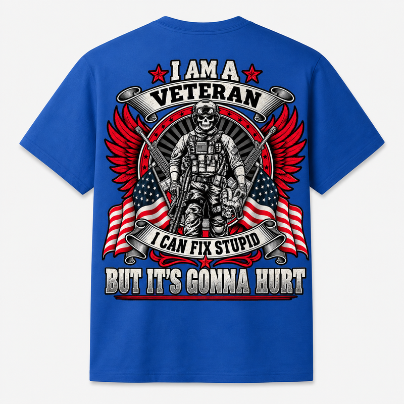 I Am a Veteran I Can Fix Stupid royal blue T-shirt back print
